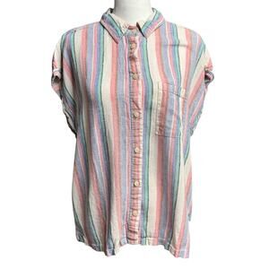 Orvis Women’s Linen Blend Short Sleeve Shirt Pastel Stripes M Casual Spring